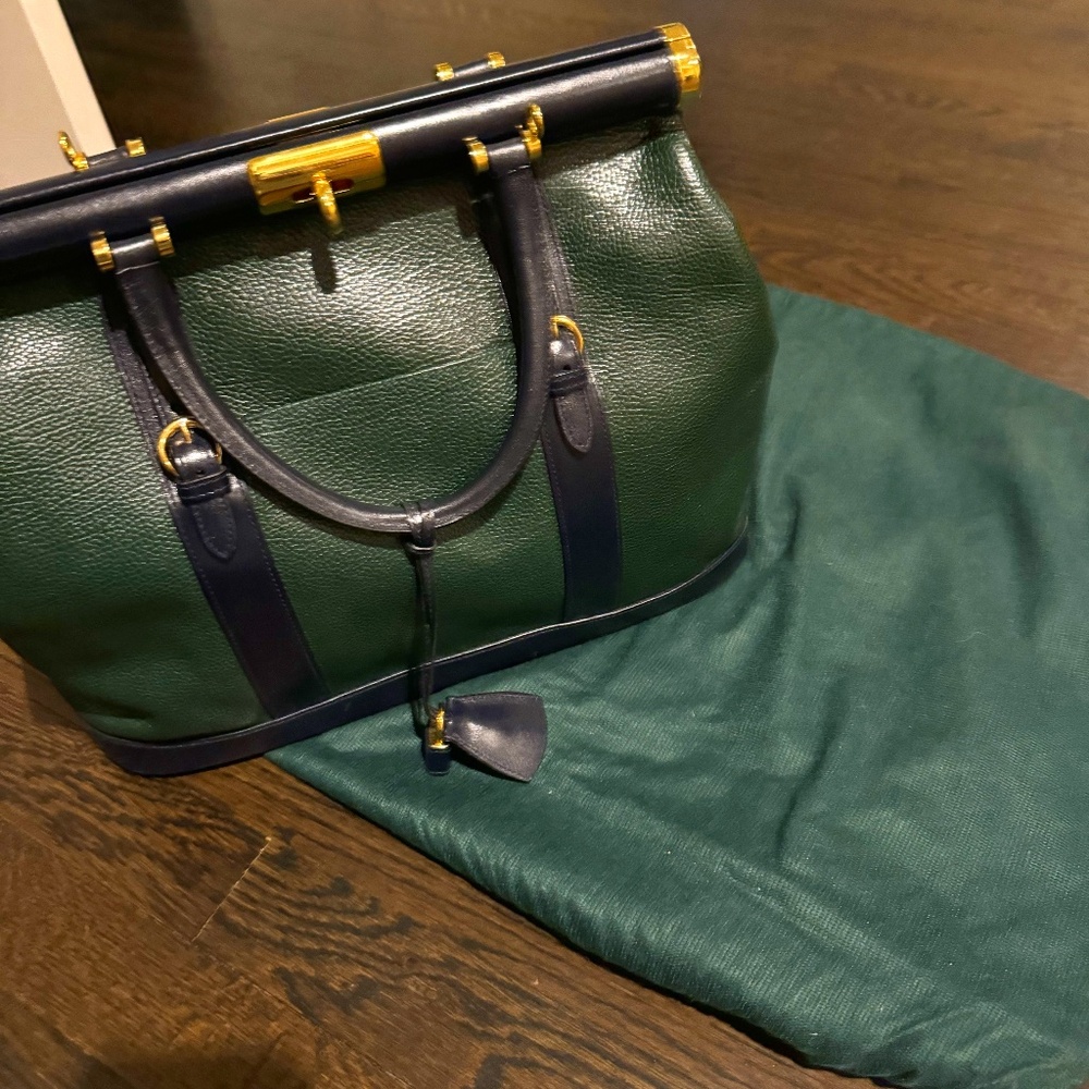 Italian Custom Made Green And Navy Leather Handbag